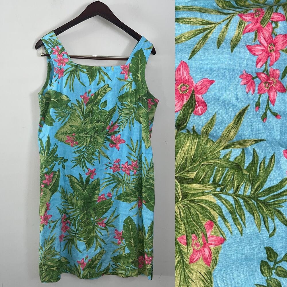 Jones New York Sport Blue Floral Linen Pink Flower Linen Midi Dress (0727)